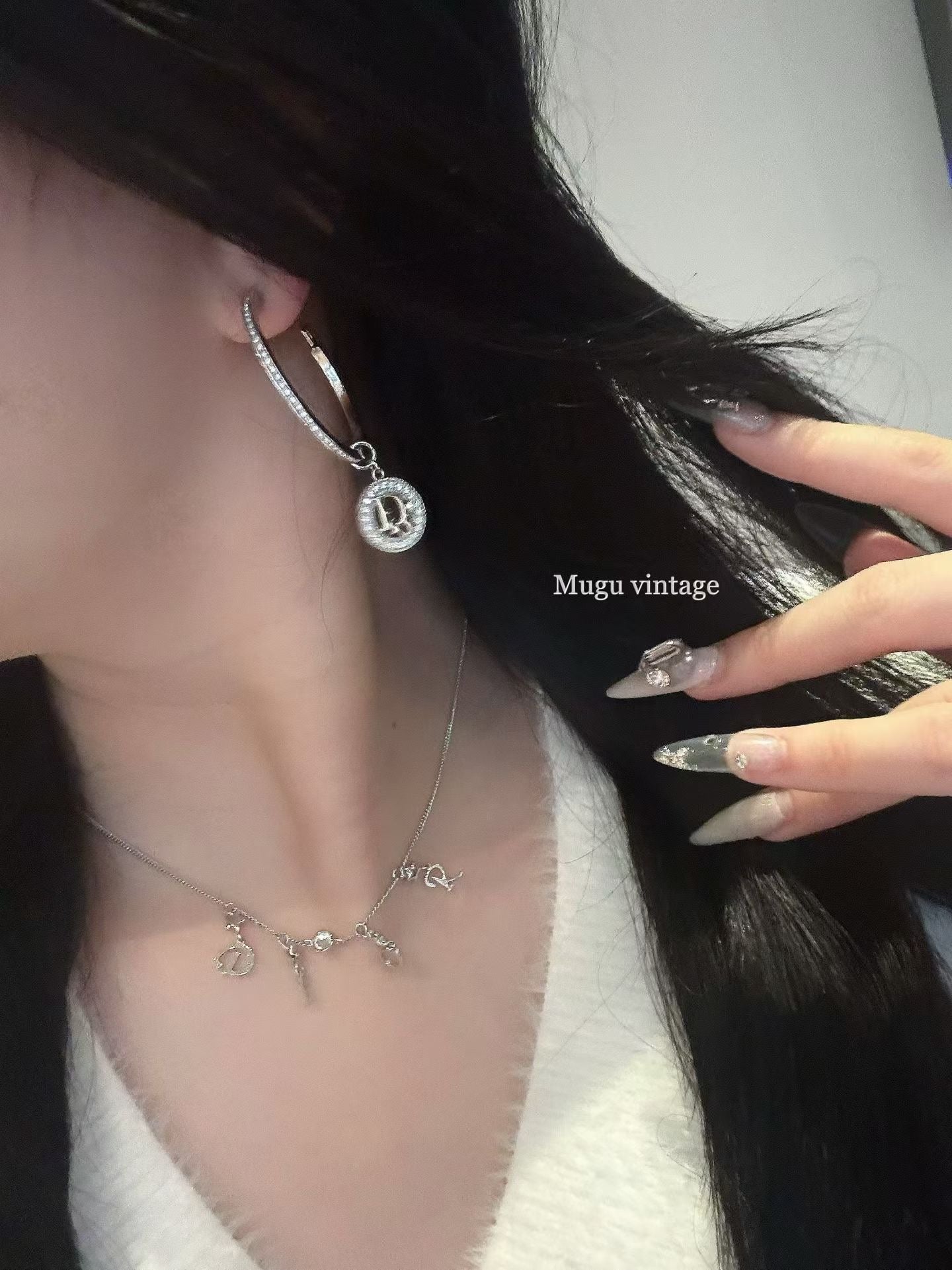 Dior rhinestone glamour silver hoop