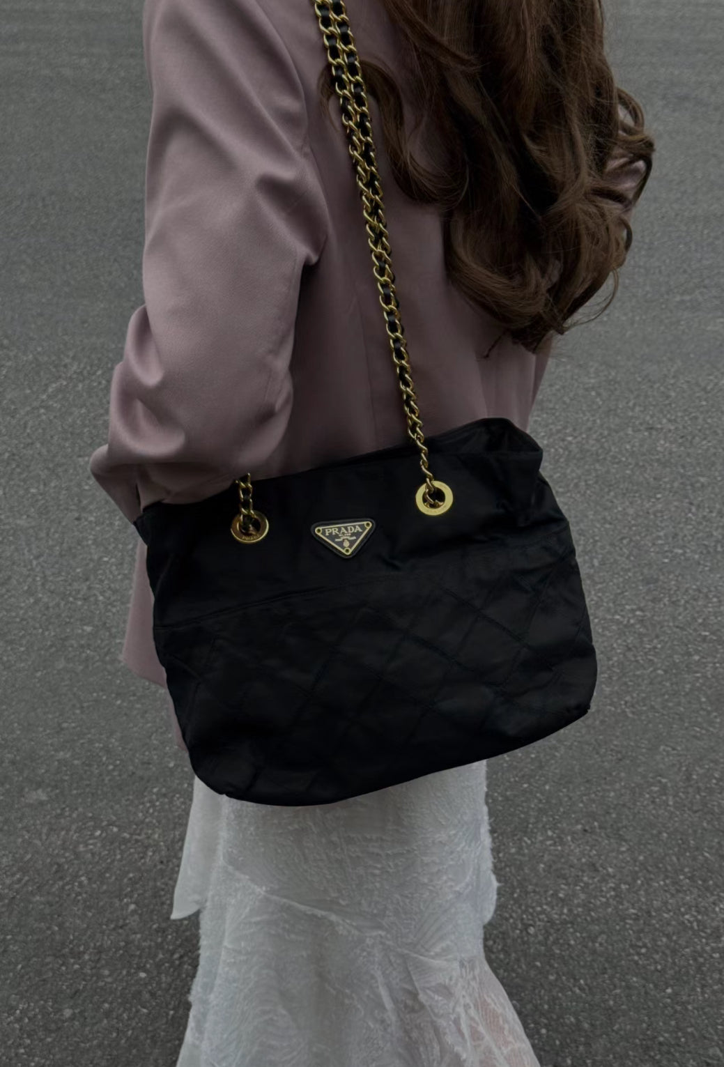 Prada gold chain tessuto tote