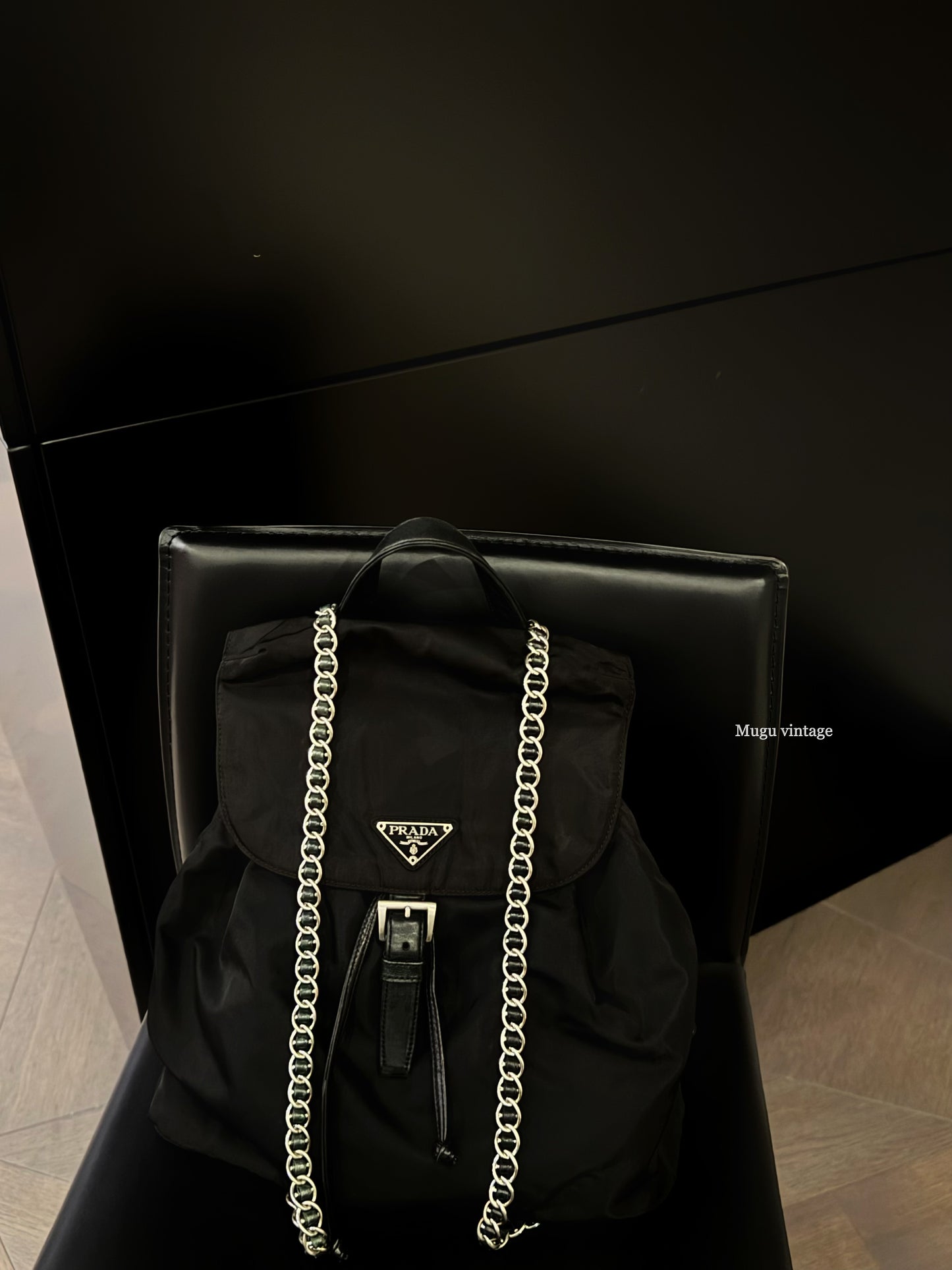 Prada black silver chain tessuto nylon backpack