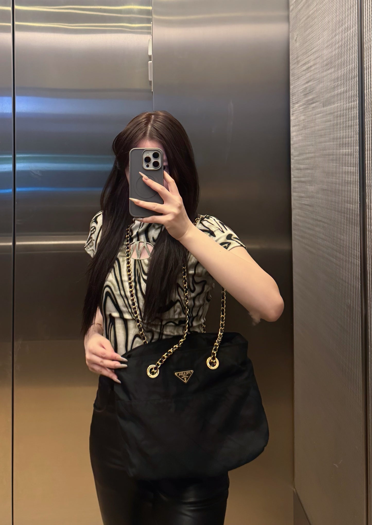 Prada gold chain tessuto tote
