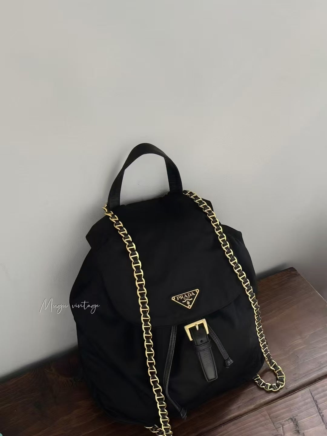 Prada black gold tessuto chain backpack