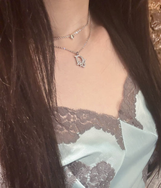 Dior double layer silver rhinestone necklace