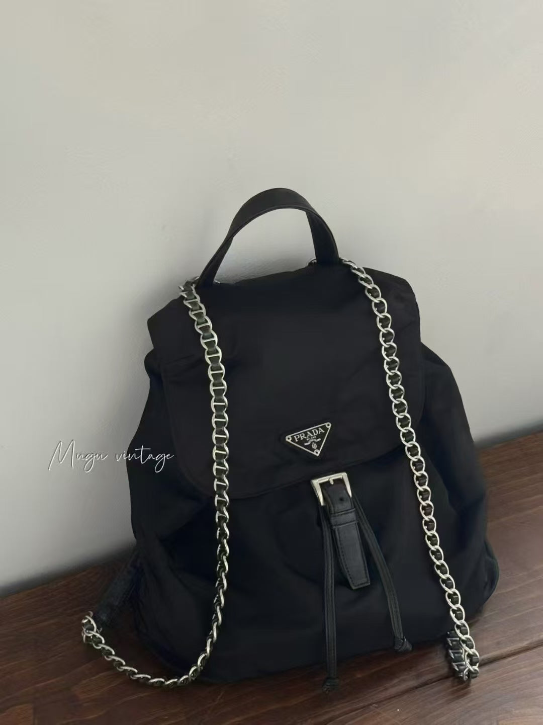 Prada black silver tessuto chain backpack