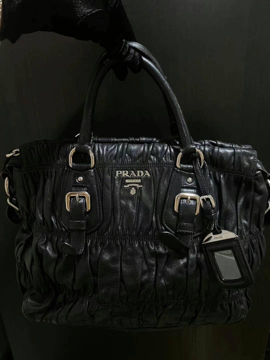 Prada black silver ruffle tote