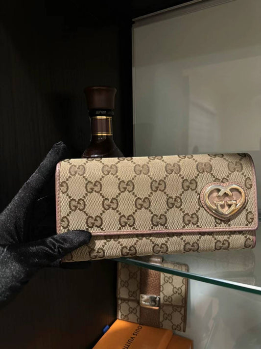 Gucci monogram pink & gold heart long wallet