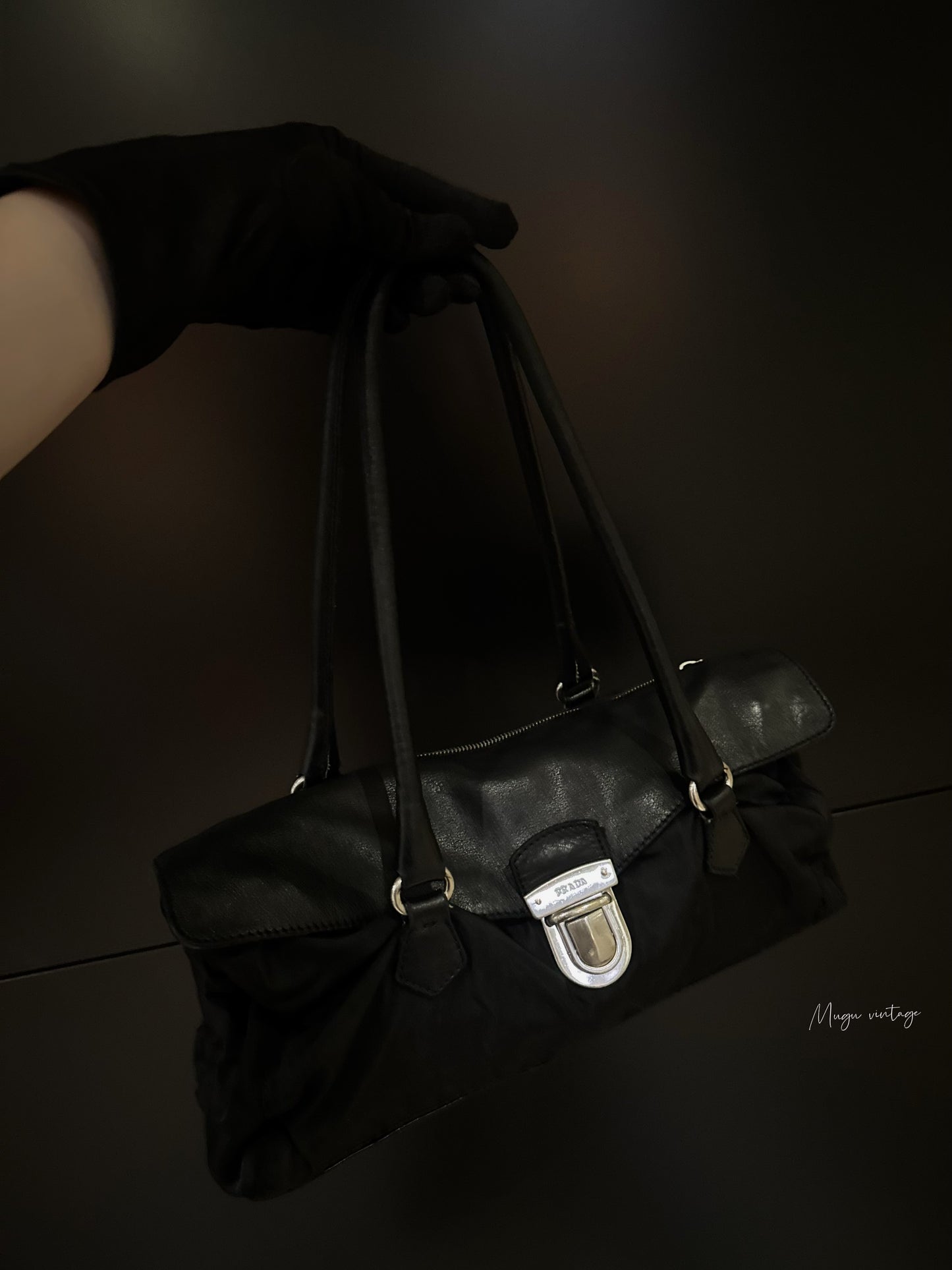Prada black silver baguette shoulder bag