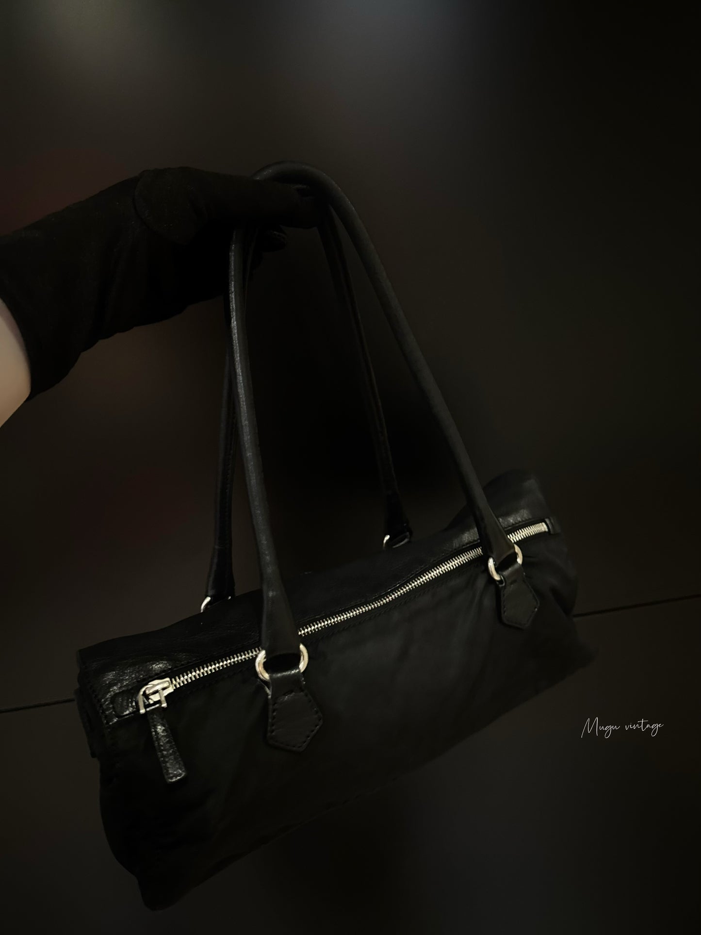 Prada black silver baguette shoulder bag