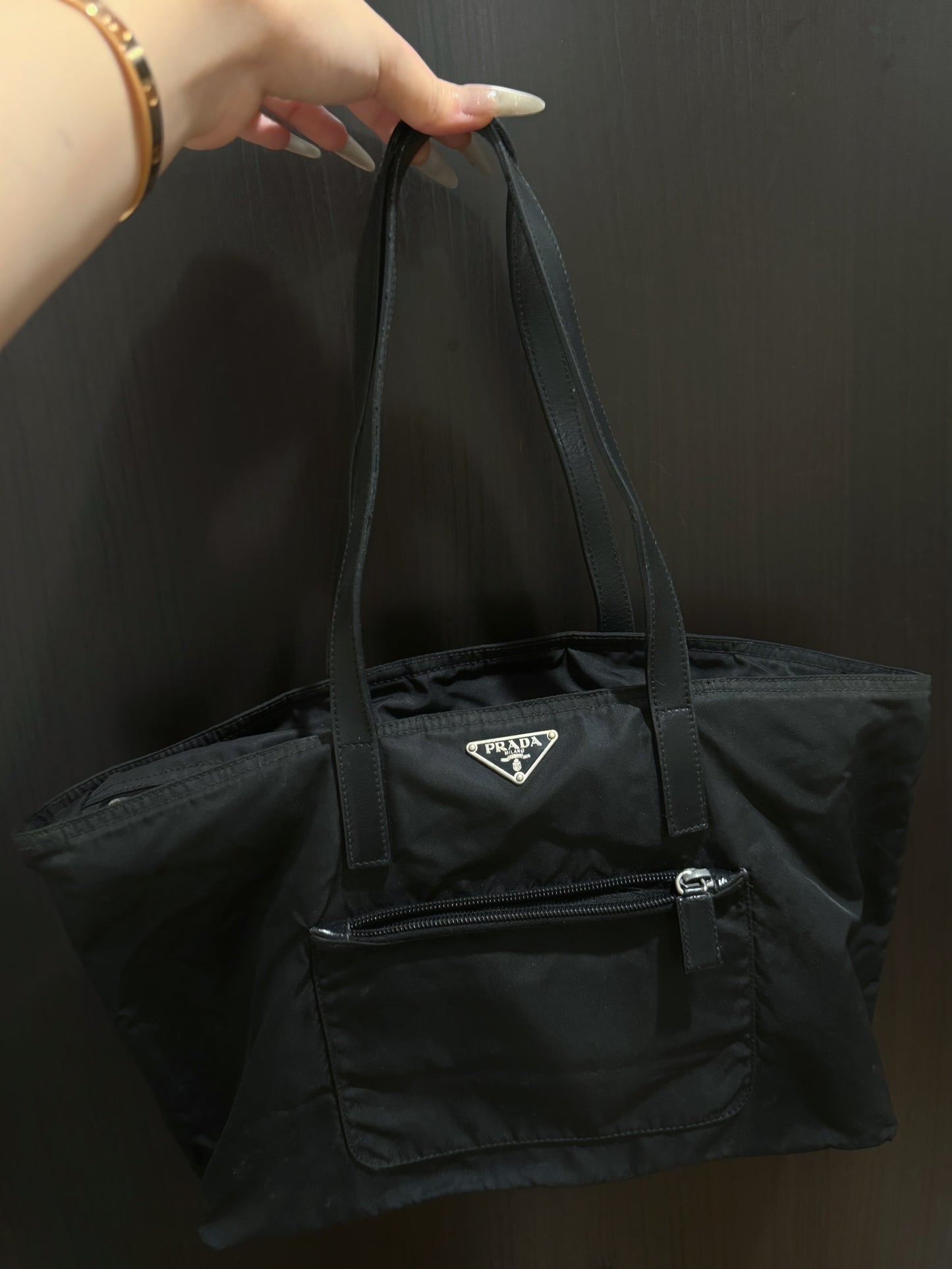 Prada black silver nylon tote