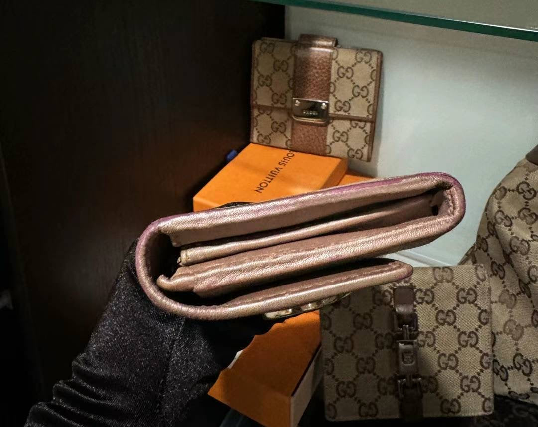 Gucci monogram pink & gold heart long wallet