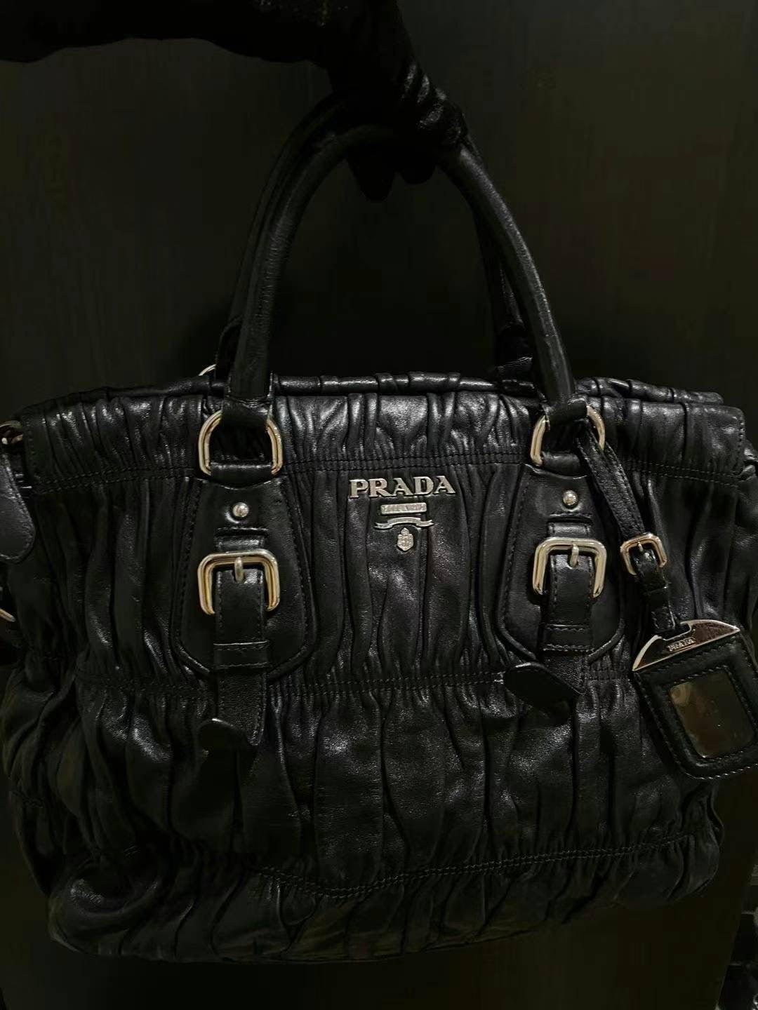 Prada black silver ruffle tote