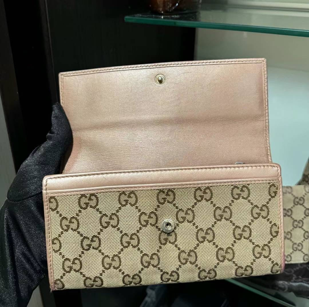 Gucci monogram pink & gold heart long wallet