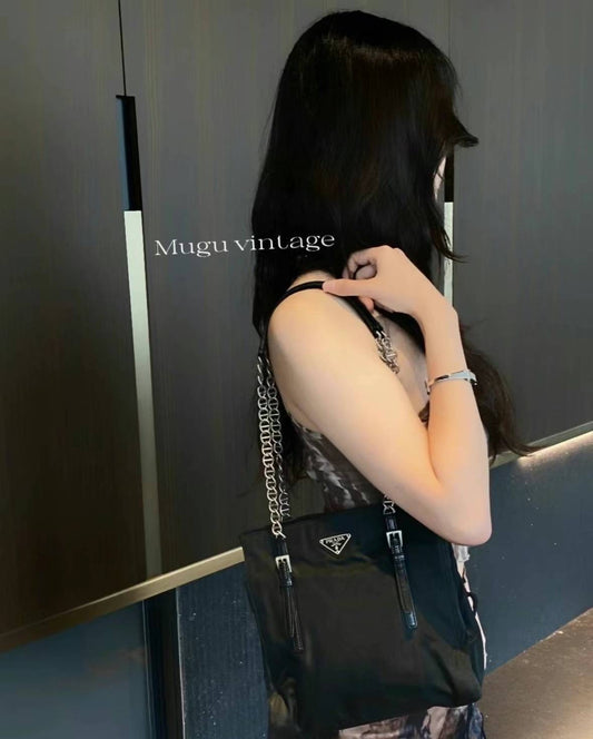 Prada silver chain tessuto tote