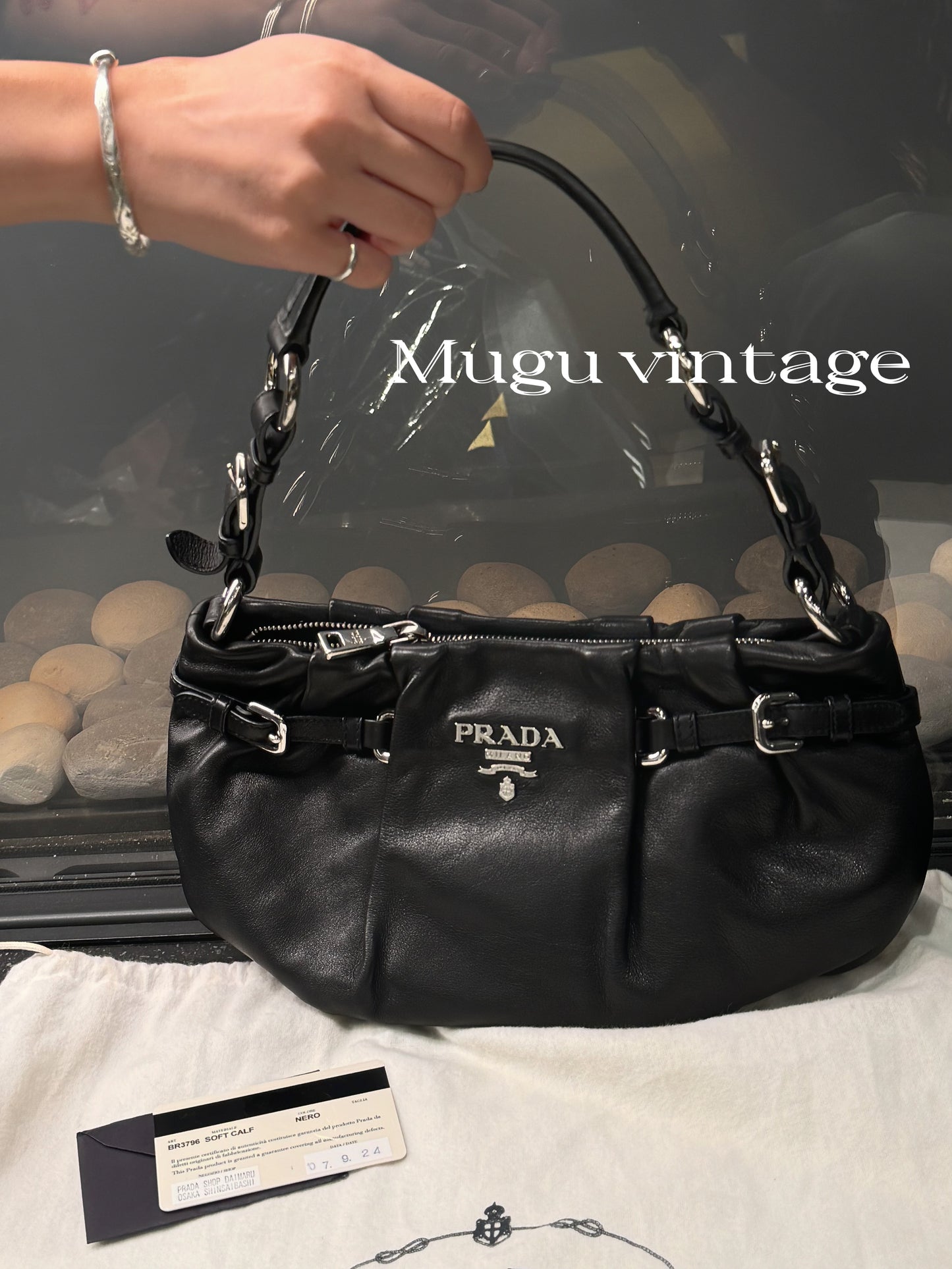 Prada leather silver & black solf calf hobo