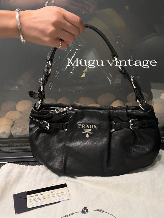 Prada leather silver & black solf calf hobo