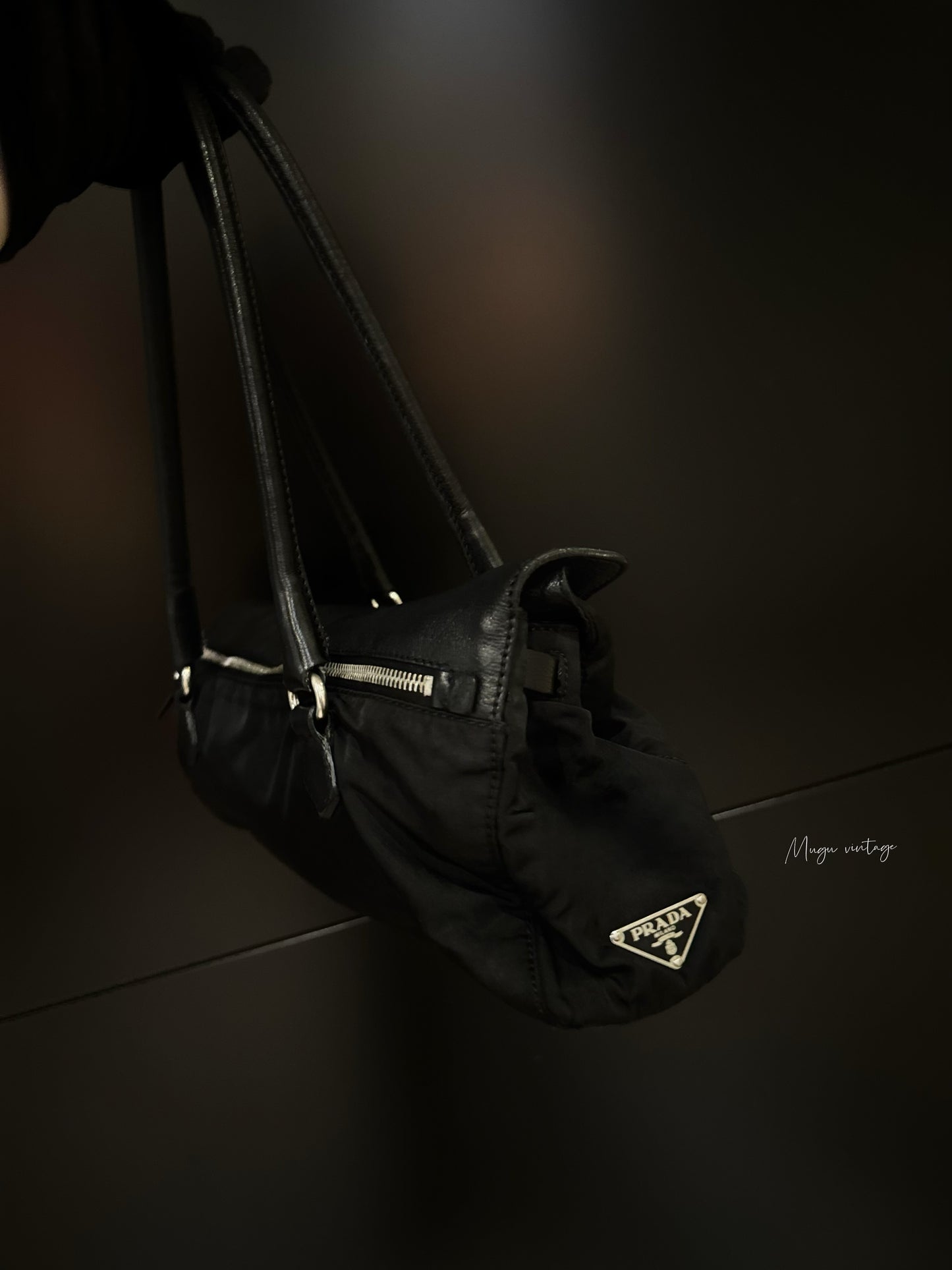 Prada black silver baguette shoulder bag
