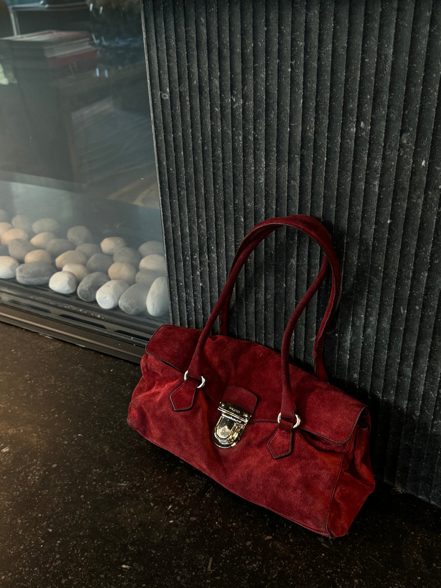 Prada red suede shoulder bag