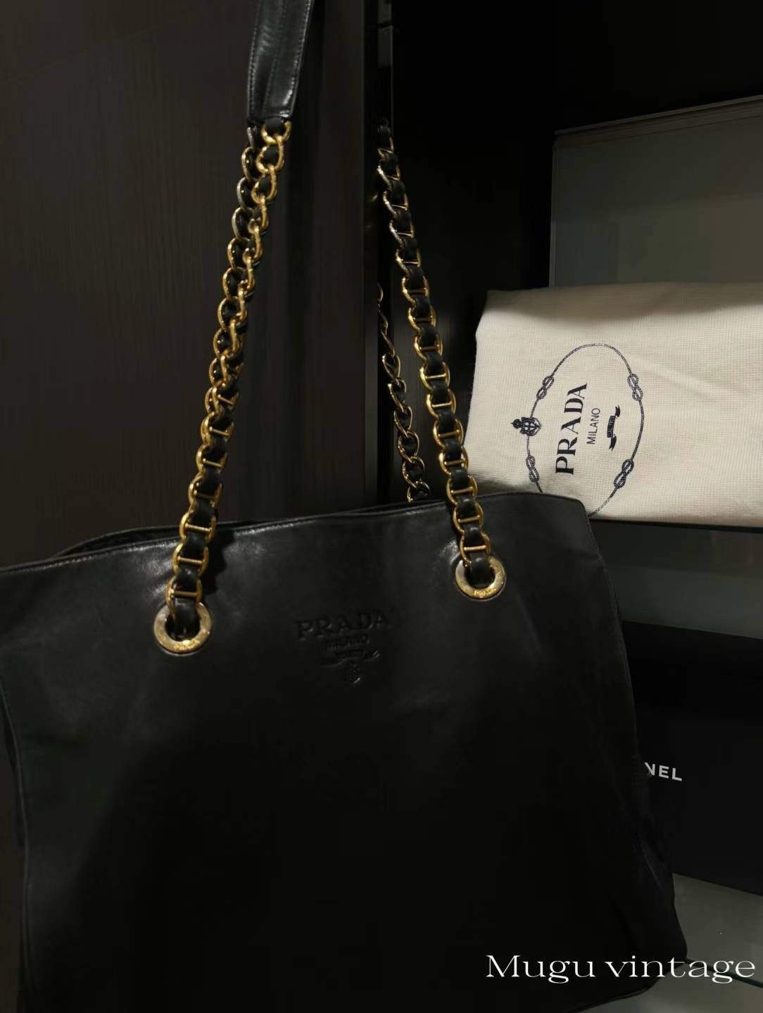 Prada lambskin gold chain leather tote