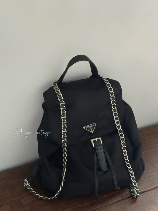 Prada black silver tessuto chain backpack