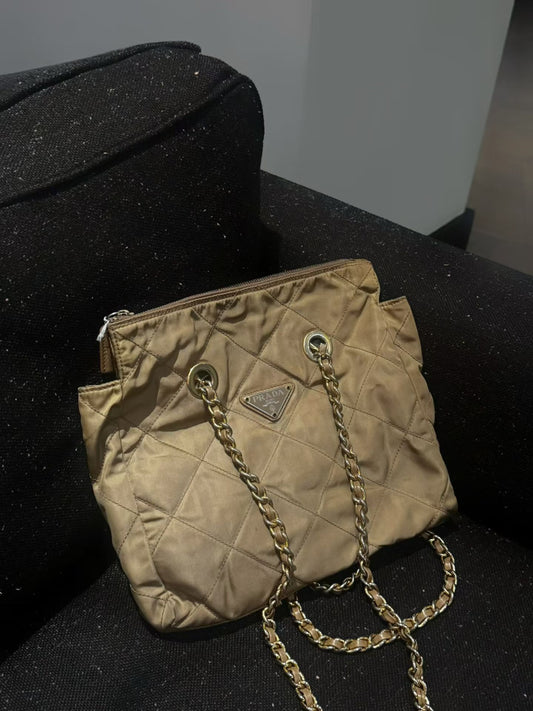 Prada tan gold tessuto chain crossbody bag