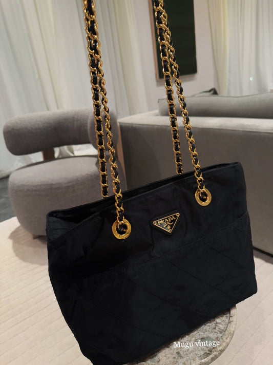 Prada gold chain tessuto tote