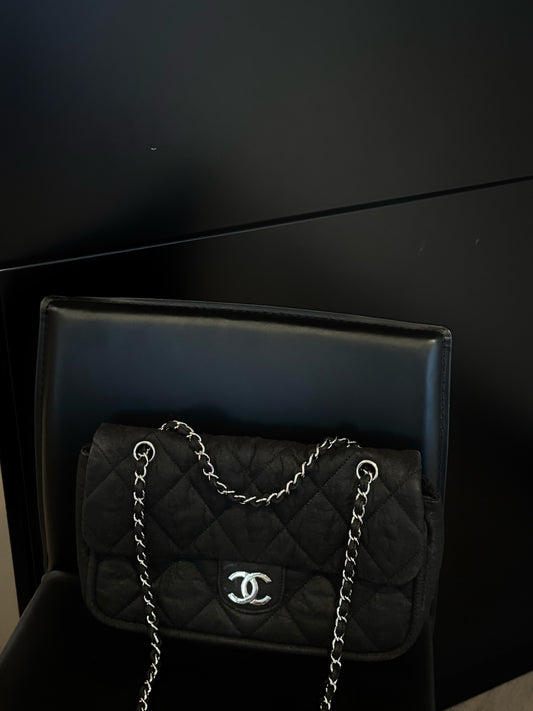 Chanel denim black silver flap