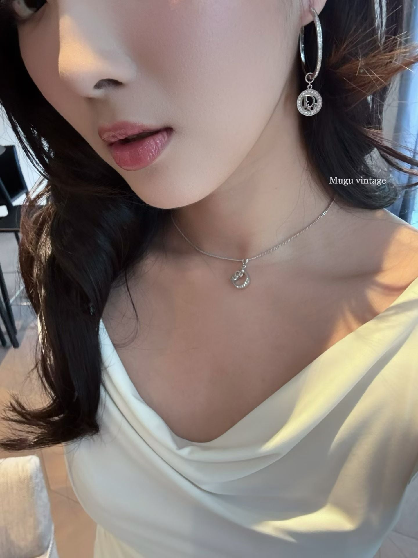 Dior rhinestone glamour silver hoop